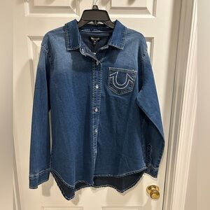 NWT True Religion  Blue Denim Shirt w/ rhinestone pocket Sz L